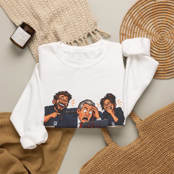 White crewneck sweatshirt printed with "The CEO Clicked the Phishing Link. We Called It Executive Training.", styled flat lay