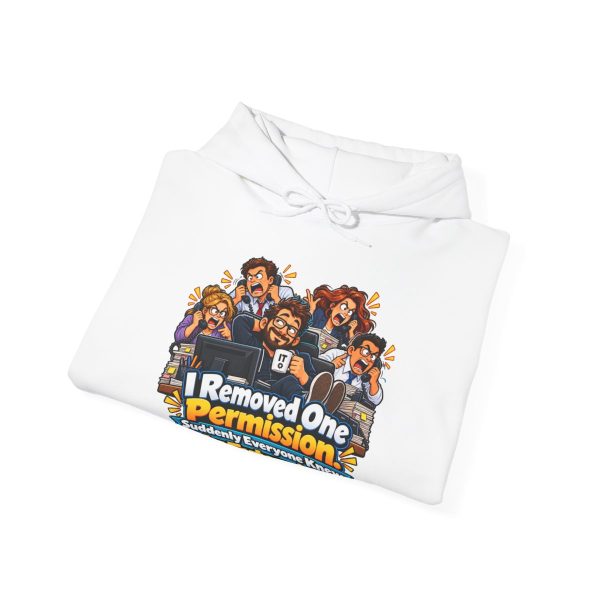 it-hoodie-i-removed-one-permission-suddenly-everyone-knew-my-4 White hoodie printed with "I Removed One Permission. Suddenly Everyone Knew My Extension.", folded view