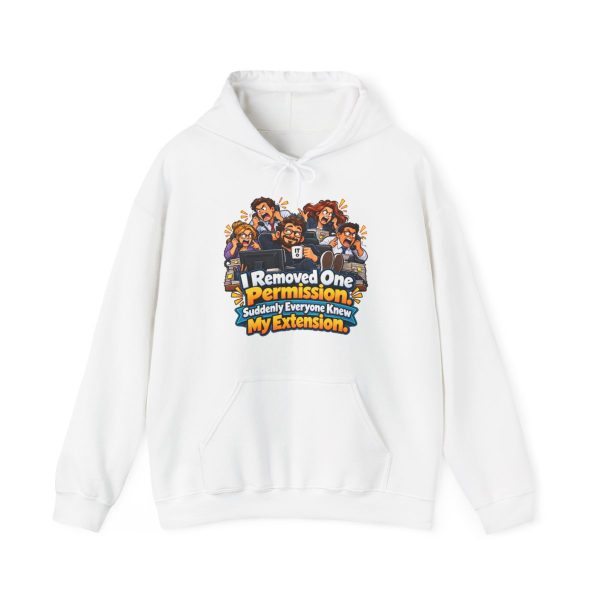 it-hoodie-i-removed-one-permission-suddenly-everyone-knew-my-1 White hoodie printed with "I Removed One Permission. Suddenly Everyone Knew My Extension."