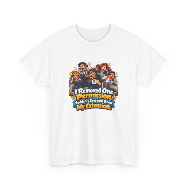 smug-it-guy-t-shirt-for-sysadmins-i-removed-one-permission-1 White T-shirt printed with "I Removed One Permission. Suddenly Everyone Knew My Extension."