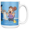 15 oz white ceramic plumber mug printed with "I Don't Panic At Floods. I Invoice Them.", right side