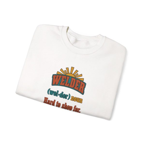 White vintage poster crewneck sweatshirt with the welder dictionary joke: Hard to shop for. Already built it., folded view