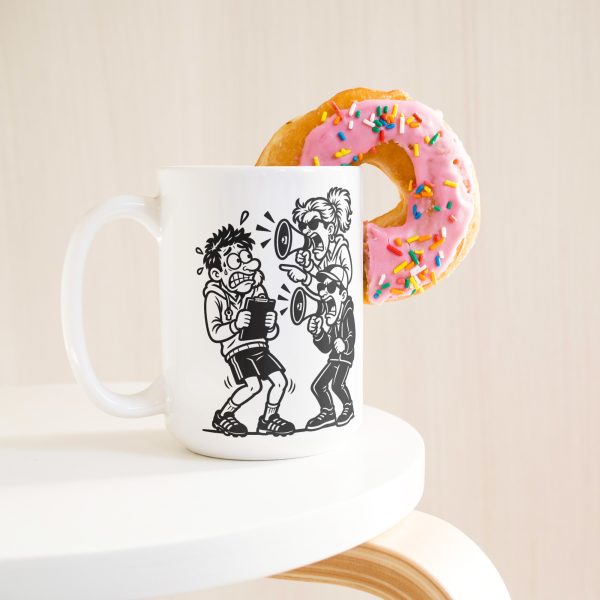 I COACH KIDS FOR FREE. PARENTS COST EXTRA. 15oz coach mug, with a donut 15 oz white ceramic youth coach mug printed with "I COACH KIDS FOR FREE. PARENTS COST EXTRA.", with a donut