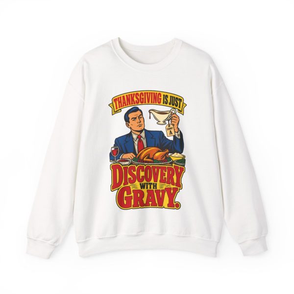 Holiday feast is discovery with gravy. Counsel nods. Retro lawyer crewneck White vintage poster crewneck sweatshirt with the lawyer joke: Thanksgiving is just discovery with gravy.