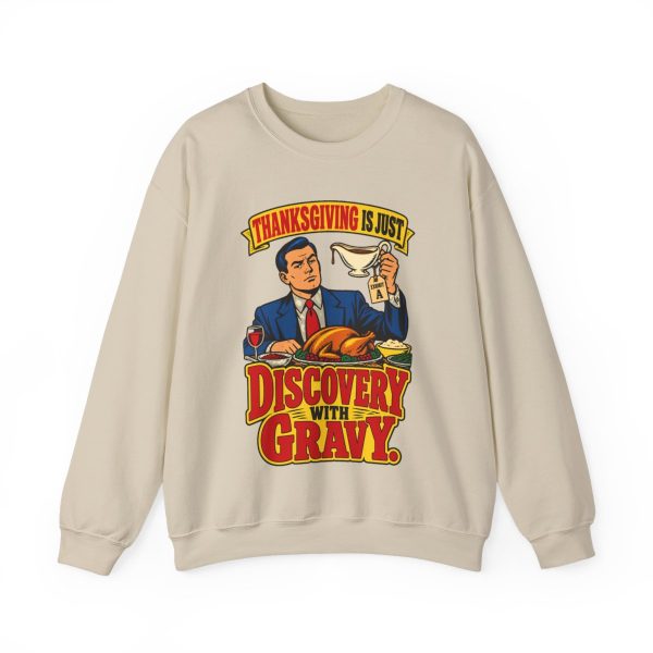 Holiday feast is discovery with gravy. Counsel nods. Retro lawyer crewneck Sand vintage poster crewneck sweatshirt with the lawyer joke: Thanksgiving is just discovery with gravy.