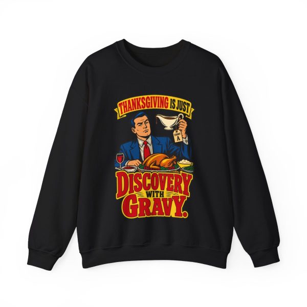 Holiday feast is discovery with gravy. Counsel nods. Retro lawyer crewneck Black vintage poster crewneck sweatshirt with the lawyer joke: Thanksgiving is just discovery with gravy.