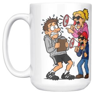I COACH KIDS FOR FREE. PARENTS COST EXTRA. 15oz coach mug, left side 15 oz white ceramic youth coach mug printed with "I COACH KIDS FOR FREE. PARENTS COST EXTRA.", left side