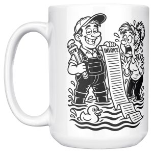 15 oz white ceramic plumber mug printed with "I DON'T PANIC AT FLOODS. I INVOICE THEM.", left side