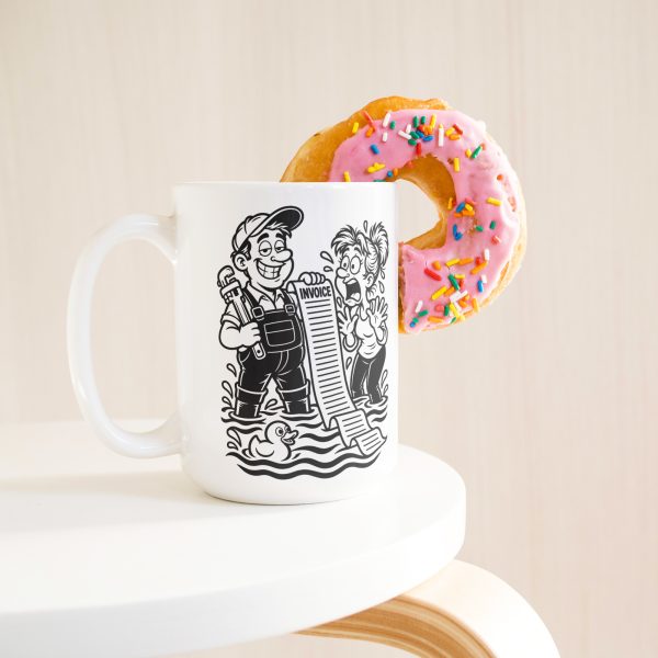 15 oz white ceramic plumber mug printed with "I DON'T PANIC AT FLOODS. I INVOICE THEM.", with a donut