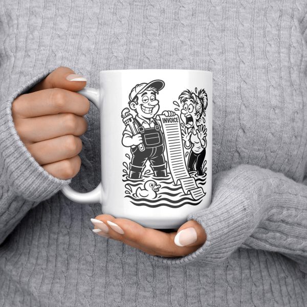 15 oz white ceramic plumber mug printed with "I DON'T PANIC AT FLOODS. I INVOICE THEM.", held at chest