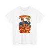 Is Thanksgiving just discovery with gravy? Ask a lawyer. Retro comic tee White vintage poster T-shirt with the lawyer joke: Thanksgiving is just discovery with gravy.