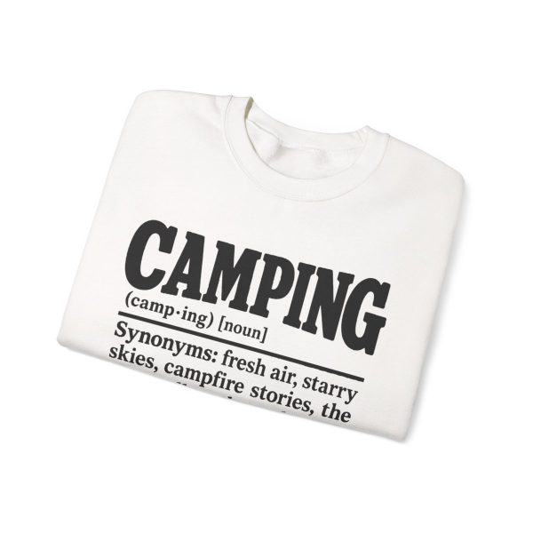 its-a-retro-camping-crewneck-pad-was-full-of-air-at-10-p-m-p-3 White crewneck sweatshirt printed with a black vintage CAMPING dictionary entry ending "a sleeping pad that was full of air at 10 p.m.", folded view