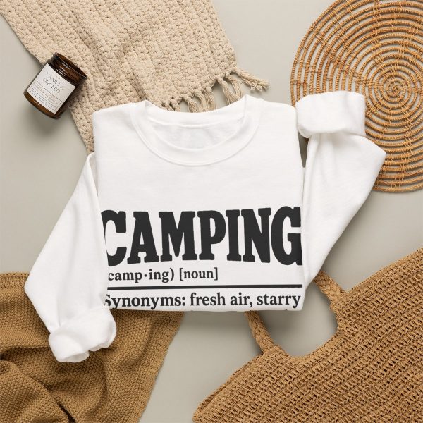 its-a-retro-camping-crewneck-pad-was-full-of-air-at-10-p-m-p-4 White crewneck sweatshirt printed with a black vintage CAMPING dictionary entry ending "a sleeping pad that was full of air at 10 p.m.", styled flat lay