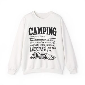 its-a-retro-camping-crewneck-pad-was-full-of-air-at-10-p-m-p-1 White crewneck sweatshirt printed with a black vintage CAMPING dictionary entry ending "a sleeping pad that was full of air at 10 p.m."
