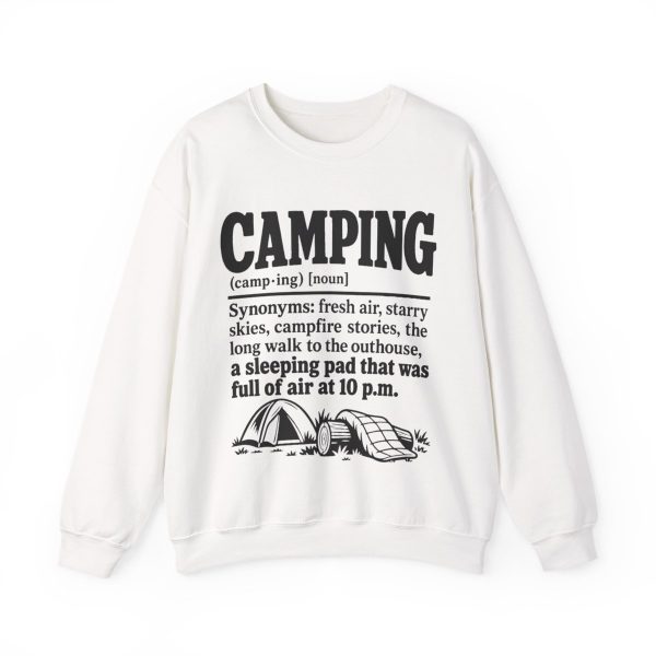 its-a-retro-camping-crewneck-pad-was-full-of-air-at-10-p-m-p-1 White crewneck sweatshirt printed with a black vintage CAMPING dictionary entry ending "a sleeping pad that was full of air at 10 p.m."