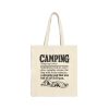 Natural tote bag printed with a black vintage CAMPING dictionary entry ending "a sleeping pad that was full of air at 10 p.m."