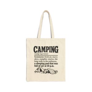 me-at-the-campground-sleeping-pad-full-of-air-at-10-p-m-retr-1 Natural tote bag printed with a black vintage CAMPING dictionary entry ending "a sleeping pad that was full of air at 10 p.m."