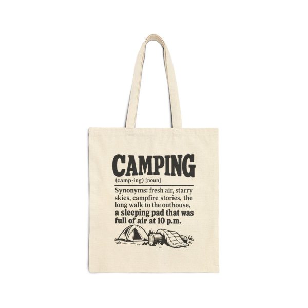 Natural tote bag printed with a black vintage CAMPING dictionary entry ending "a sleeping pad that was full of air at 10 p.m."