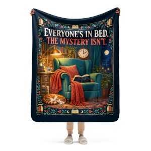 Midnight Mystery Reader sherpa blanket held open by a woman, showing the full EVERYONE'S IN BED. THE MYSTERY ISN'T design and its true size