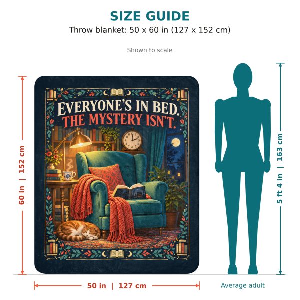 Midnight Mystery Reader sherpa blanket size guide: 50 x 60 inches, shown to scale next to a 5 ft 4 in adult Midnight Mystery Reader sherpa blanket size guide: 50 x 60 inches, shown to scale next to a 5 ft 4 in adult