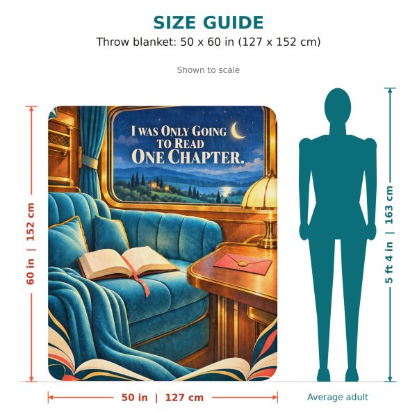 Moonlit Train sherpa blanket size guide: 50 x 60 inches, shown to scale next to a 5 ft 4 in adult Moonlit Train sherpa blanket size guide: 50 x 60 inches, shown to scale next to a 5 ft 4 in adult