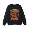 My tent says it sleeps four. It has never met four people. Camping crewneck Black flat vector crewneck sweatshirt with the camping tent joke: My tent says it sleeps four. It has never met four people.