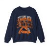 My tent says it sleeps four. It has never met four people. Camping crewneck Navy flat vector crewneck sweatshirt with the camping tent joke: My tent says it sleeps four. It has never met four people.