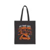 Black flat vector tote bag with the camping tent joke: My tent says it sleeps four. It has never met four people.