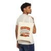 Natural tote bag printed with an orange and navy CAMPING dictionary entry ending "a sleeping pad that was full of air at 10 p.m.", carried over the shoulder