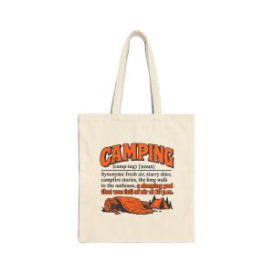 pack-your-tote-for-camp-sleeping-pad-full-of-air-at-10-p-m-n-1 Natural tote bag printed with an orange and navy CAMPING dictionary entry ending "a sleeping pad that was full of air at 10 p.m."