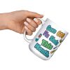 Gave 600 flu shots, still look away, and your team know 15oz mug, raised at an angle 15 oz white ceramic pharmacist mug, "Gave 600 flu shots this month" on one side and "I still look away at mine" on the other, with pills, bandages and syringes, raised at an angle