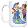 15 oz white ceramic plumber mug printed with "I Don't Panic At Floods. I Invoice Them.", left side