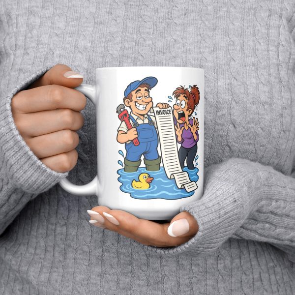 15 oz white ceramic plumber mug printed with "I Don't Panic At Floods. I Invoice Them.", held at chest
