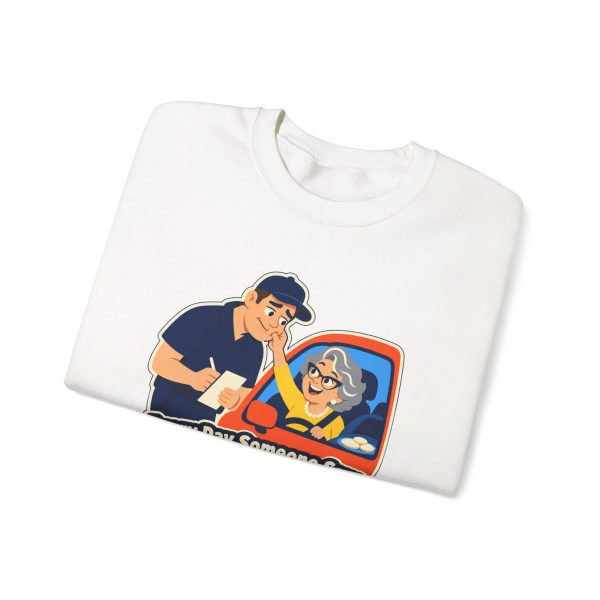 cop-crewneck-every-day-someone-says-i-was-only-going-five-ov-3 White crewneck sweatshirt printed with "Every Day Someone Says ‘I Was Only Going Five Over.’ Usually It’s My Mom.", folded view