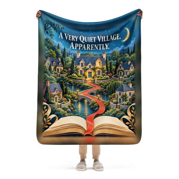 Quiet Village sherpa blanket held open by a woman, showing the full A VERY QUIET VILLAGE. APPARENTLY design and its true size Quiet Village sherpa blanket held open by a woman, showing the full A VERY QUIET VILLAGE. APPARENTLY design and its true size