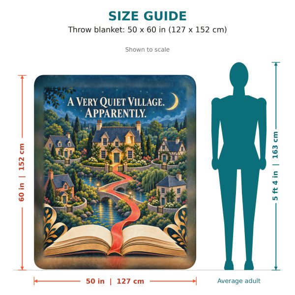 Quiet Village sherpa blanket size guide: 50 x 60 inches, shown to scale next to a 5 ft 4 in adult Quiet Village sherpa blanket size guide: 50 x 60 inches, shown to scale next to a 5 ft 4 in adult