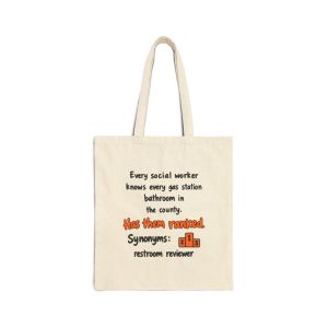 Natural hand-drawn tote bag with the social work gas station bathroom ranking joke