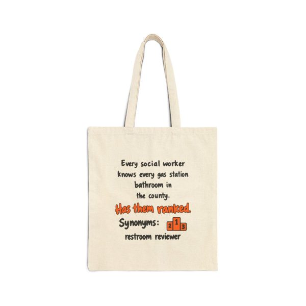 Natural hand-drawn tote bag with the social work gas station bathroom ranking joke