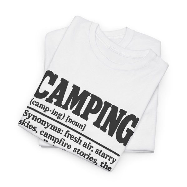 retro-camping-tee-for-2-a-m-when-the-pad-was-full-of-air-at--3 White T-shirt printed with a black vintage CAMPING dictionary entry ending "a sleeping pad that was full of air at 10 p.m.", folded view