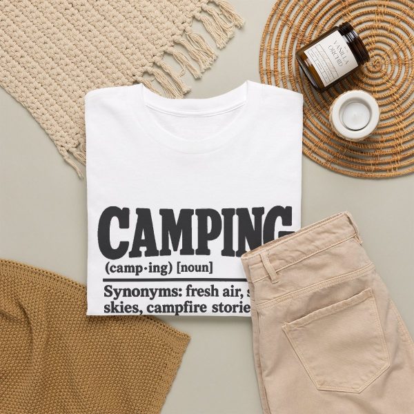 retro-camping-tee-for-2-a-m-when-the-pad-was-full-of-air-at--4 White T-shirt printed with a black vintage CAMPING dictionary entry ending "a sleeping pad that was full of air at 10 p.m.", styled flat lay