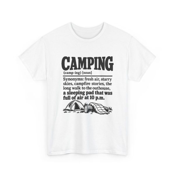 retro-camping-tee-for-2-a-m-when-the-pad-was-full-of-air-at--1 White T-shirt printed with a black vintage CAMPING dictionary entry ending "a sleeping pad that was full of air at 10 p.m."