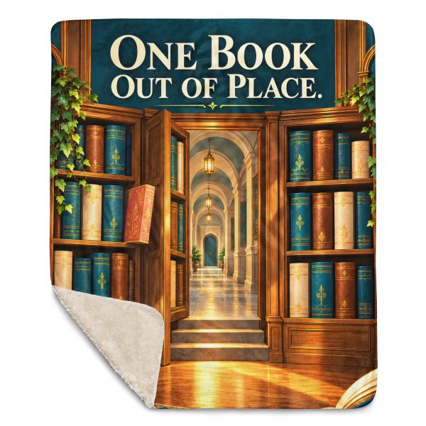 Secret Library sherpa blanket laid flat with one corner folded back to show the soft cream sherpa reverse