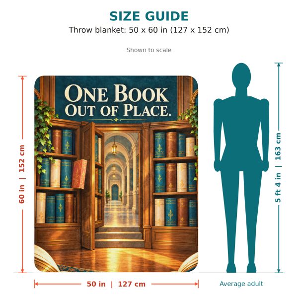 Secret Library sherpa blanket size guide: 50 x 60 inches, shown to scale next to a 5 ft 4 in adult