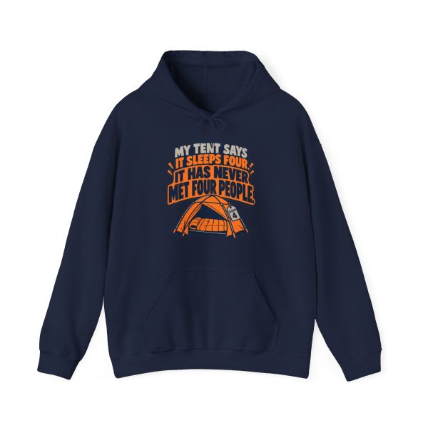 Navy flat vector hoodie with the camping tent joke: My tent says it sleeps four. It has never met four people.
