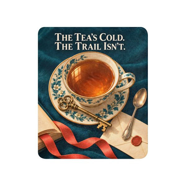 Tan sherpa blanket printed with THE TEA'S COLD. THE TRAIL ISN'T and a cream teacup decorated with teal leaves and flowers, filled with amber tea