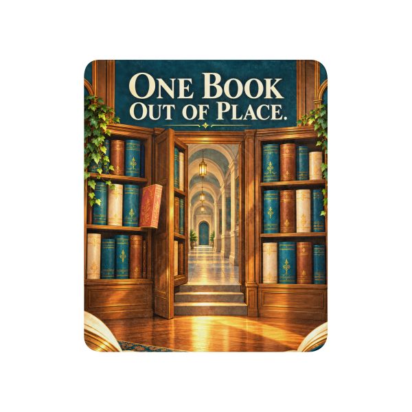 Tan sherpa blanket printed with ONE BOOK OUT OF PLACE and a wooden bookcase swinging open onto a long, lantern-lit passage
