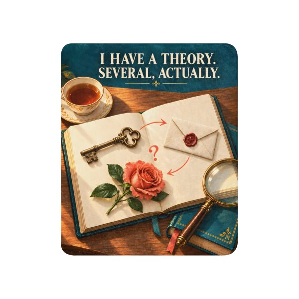 sublimated-sherpa-blanket-tan-50x60-front-6ad1dc82b56e1.jpg Tan sherpa blanket printed with I HAVE A THEORY. SEVERAL, ACTUALLY and a brass key, a wax-sealed envelope and a coral rose resting on an open casebook
