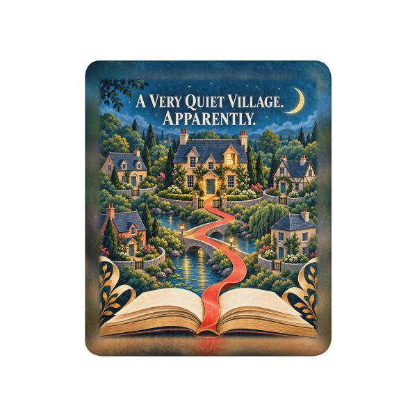 sublimated-sherpa-blanket-tan-50x60-front-6ad1dce30bdc7.jpg Tan sherpa blanket printed with A VERY QUIET VILLAGE. APPARENTLY and an open book in the foreground whose coral ribbon becomes a winding path