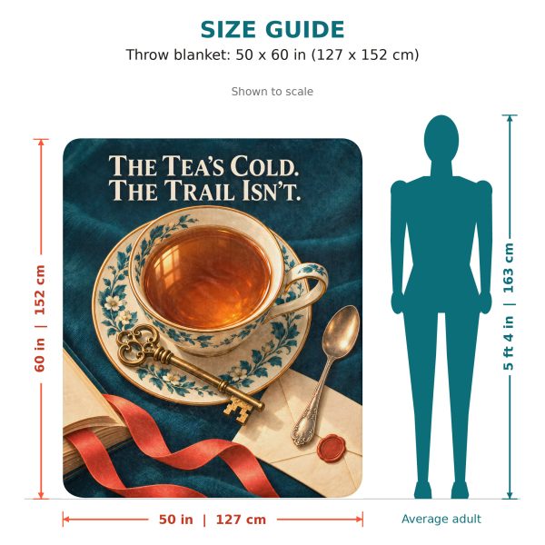Tea and Books sherpa blanket size guide: 50 x 60 inches, shown to scale next to a 5 ft 4 in adult