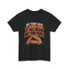 Black flat vector T-shirt with the camping tent joke: My tent says it sleeps four. It has never met four people.
